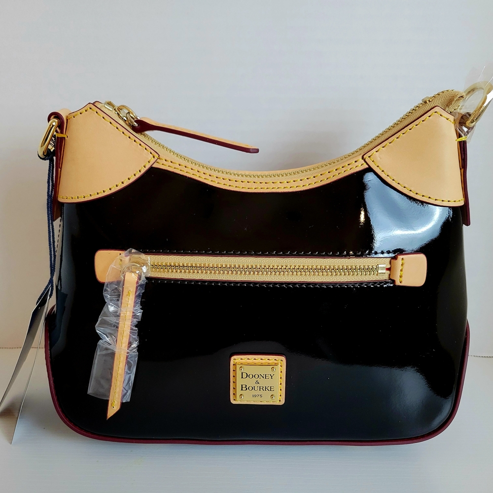 **New** Dooney & Bourke Black Patent Leather Small Hobo with Tan Leather Trim